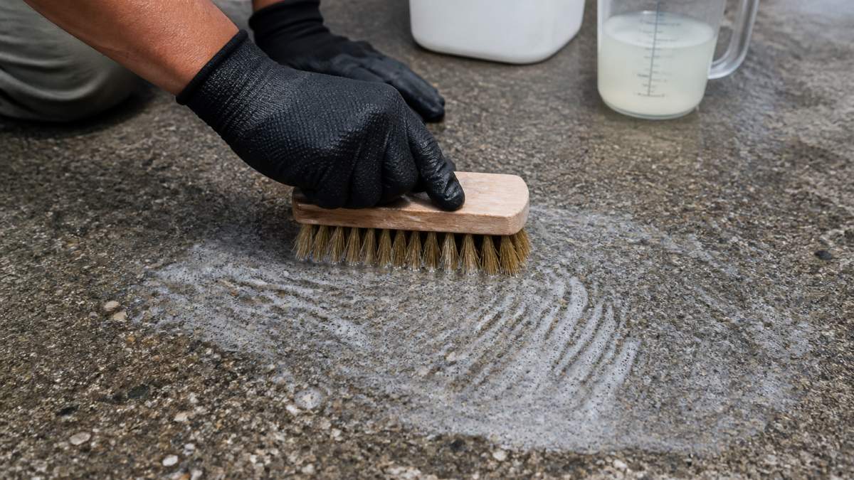 Hands scrubbing a test area with a stiff-bristle brush to clean porous concrete using a pH-neutral solution.