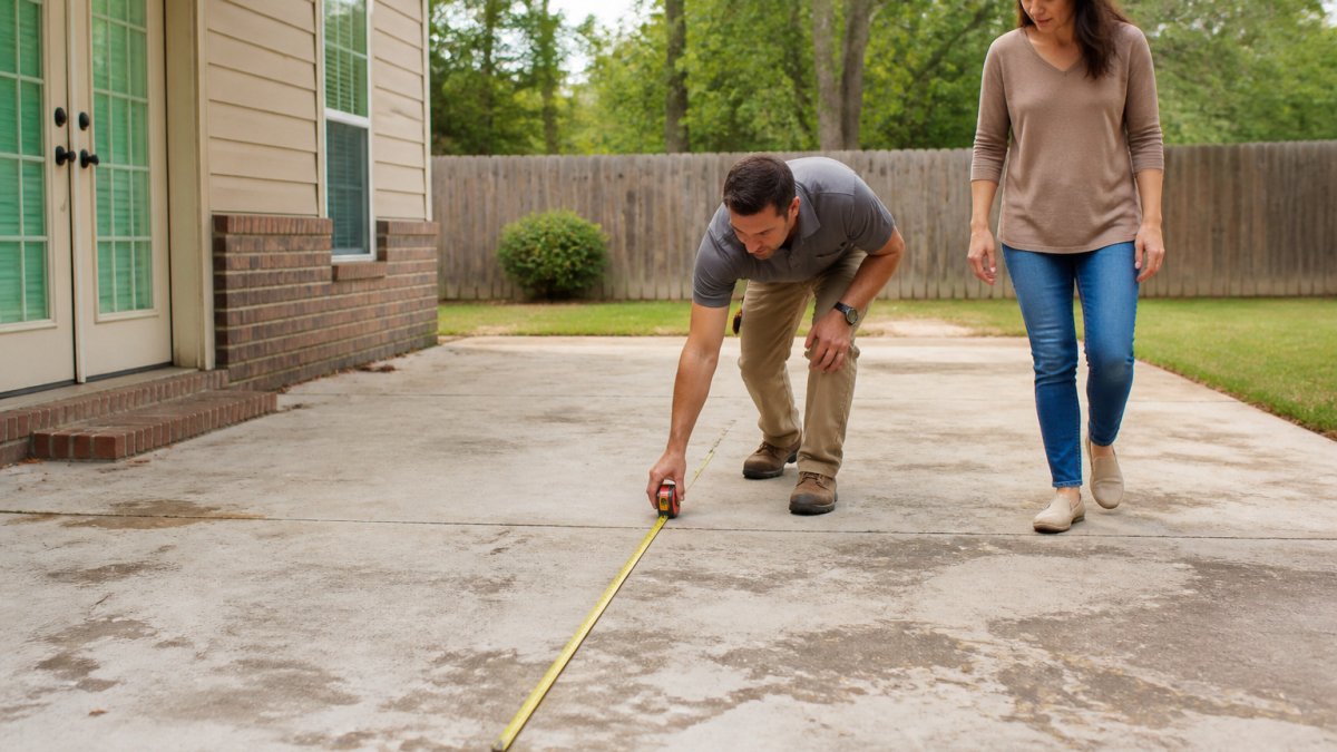 Contractor and homeowner discussing a concrete coating estimate on a backyard patio