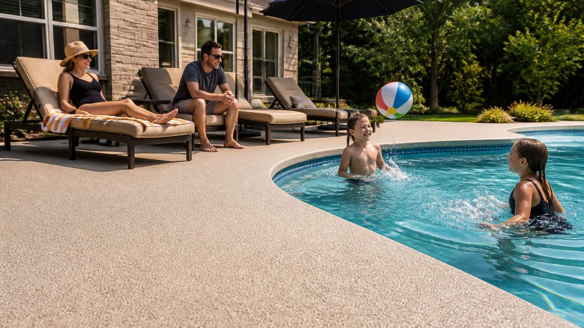Residential pool deck with textured, slip-resistant flooring surrounding a swimming pool, showing a family enjoying the outdoor space safely with loungers and umbrellas
